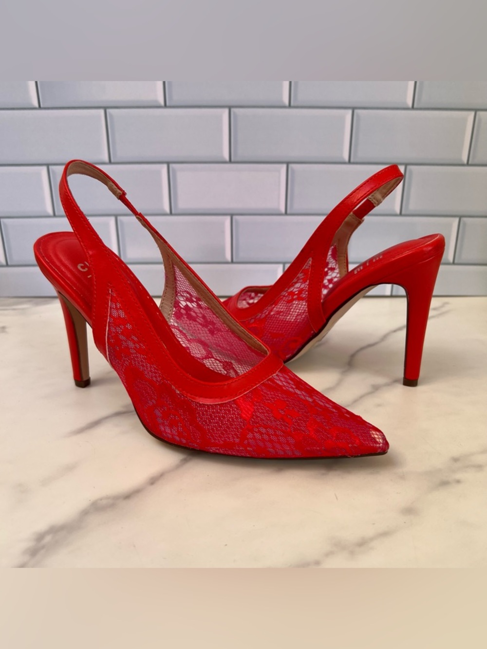 Chase Chloe Slingback Pumps Red Lace Pointed Toe Stiletto Heel Sz 7.5